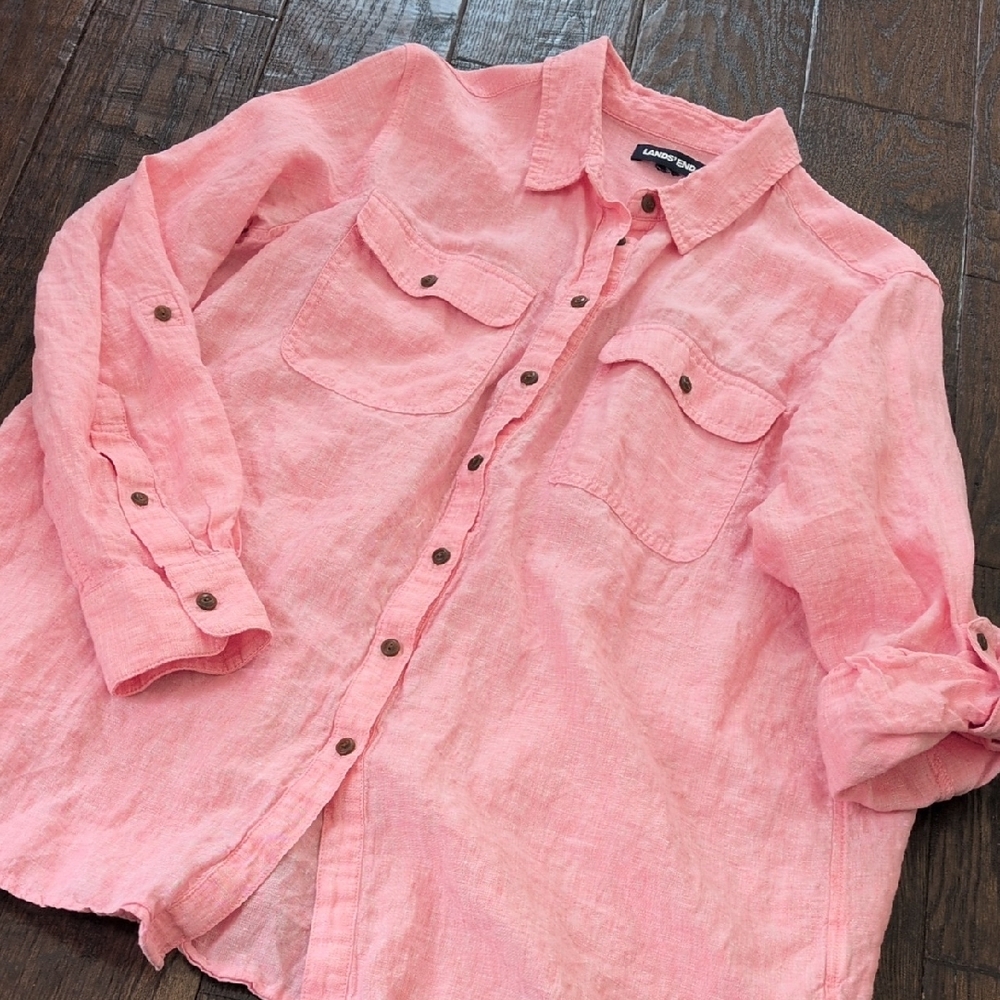 LANDS' END I Casual Pink Linen Oversized Button Up Shirt Top, L/XL (?) - Picture 2 of 11